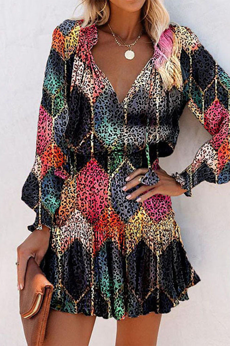 Geometric Print Frenulum Flounce Fold V Neck Waist Skirt Dresses