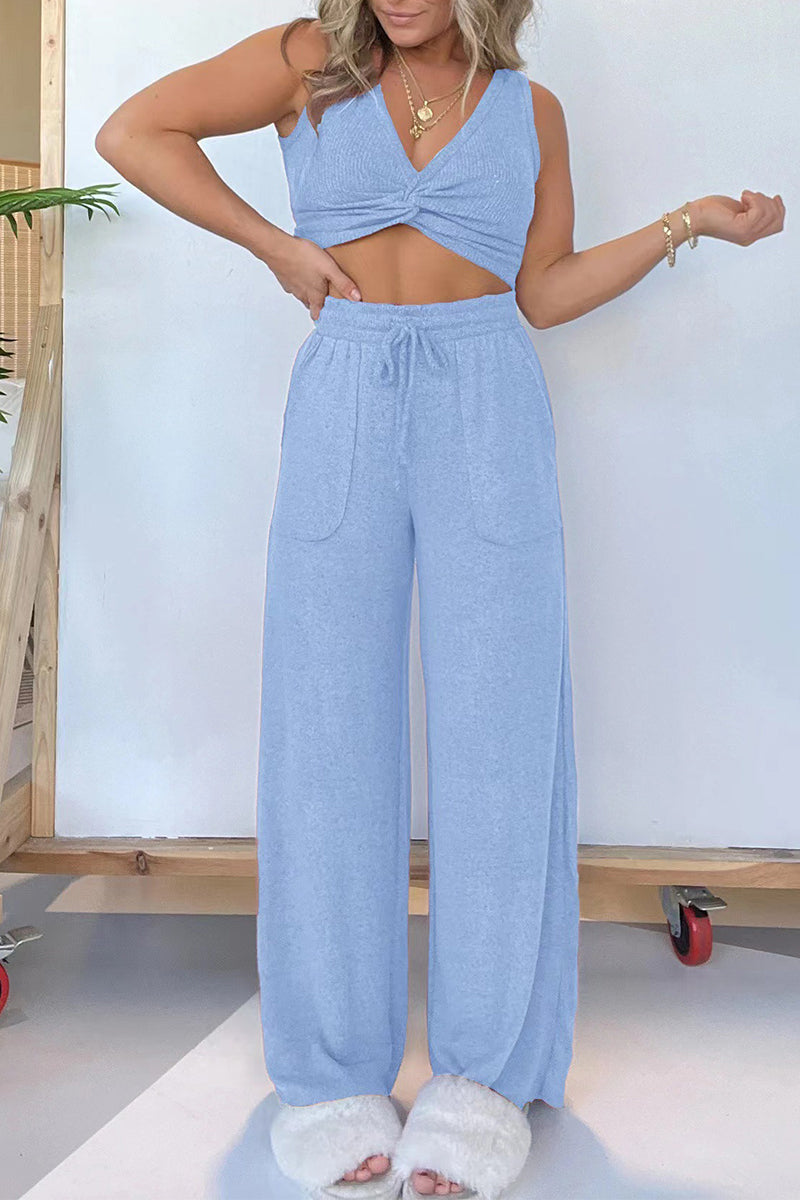 Pocket Fold V Neck Sleeveless Two Pieces
