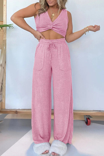 Pocket Fold V Neck Sleeveless Two Pieces