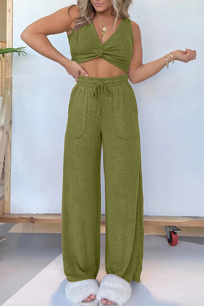 Pocket Fold V Neck Sleeveless Two Pieces