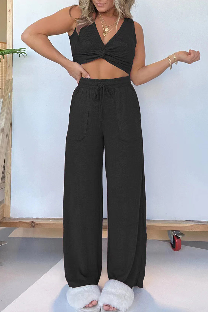 Pocket Fold V Neck Sleeveless Two Pieces