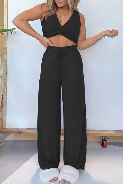 Pocket Fold V Neck Sleeveless Two Pieces