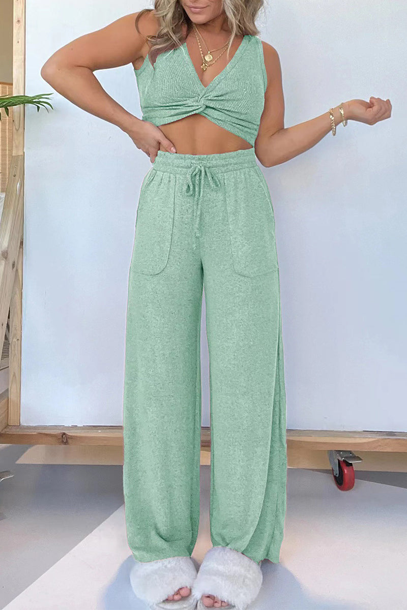 Pocket Fold V Neck Sleeveless Two Pieces