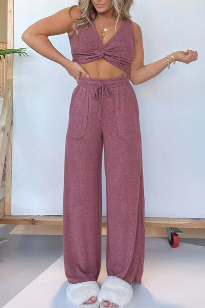 Pocket Fold V Neck Sleeveless Two Pieces