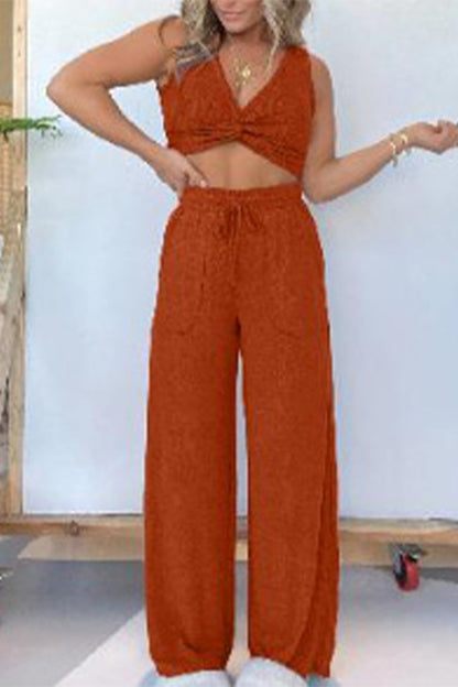 Pocket Fold V Neck Sleeveless Two Pieces