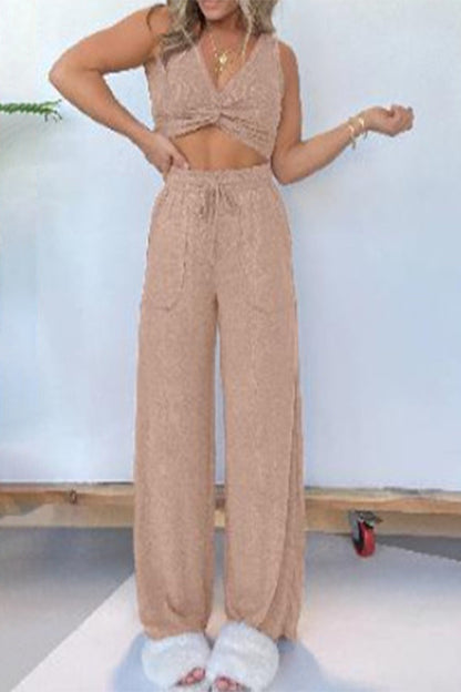 Pocket Fold V Neck Sleeveless Two Pieces