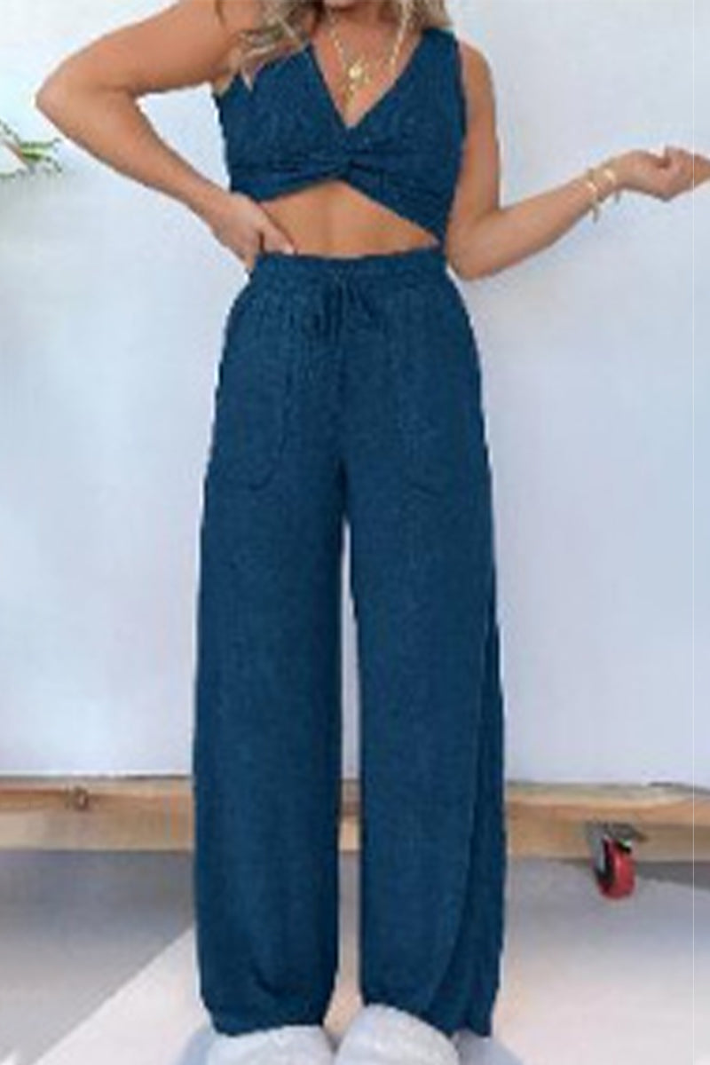Pocket Fold V Neck Sleeveless Two Pieces