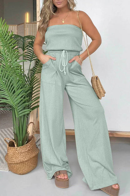 Striped Draw String Pocket Strapless Regular Jumpsuits