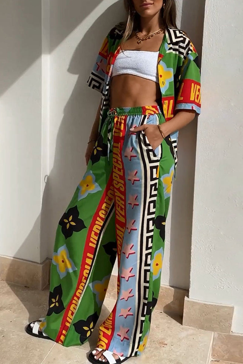 Print Animal Draw String Turndown Collar Short Sleeve Two Pieces