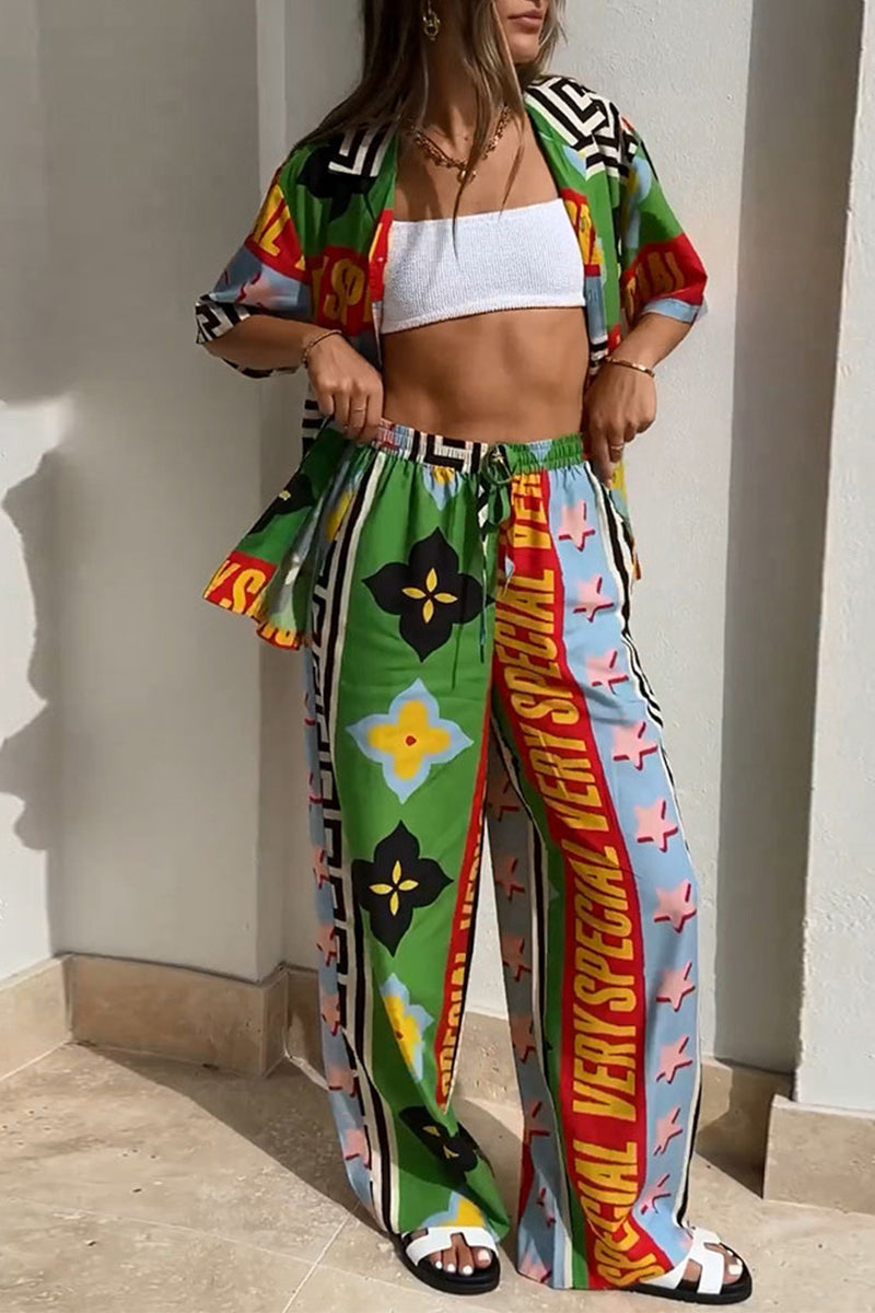 Print Animal Draw String Turndown Collar Short Sleeve Two Pieces