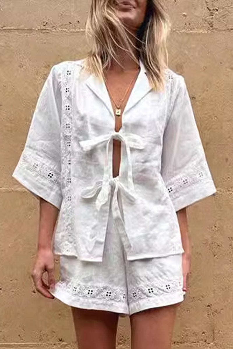 Pocket Frenulum With Bow V Neck Short Sleeve Two Pieces