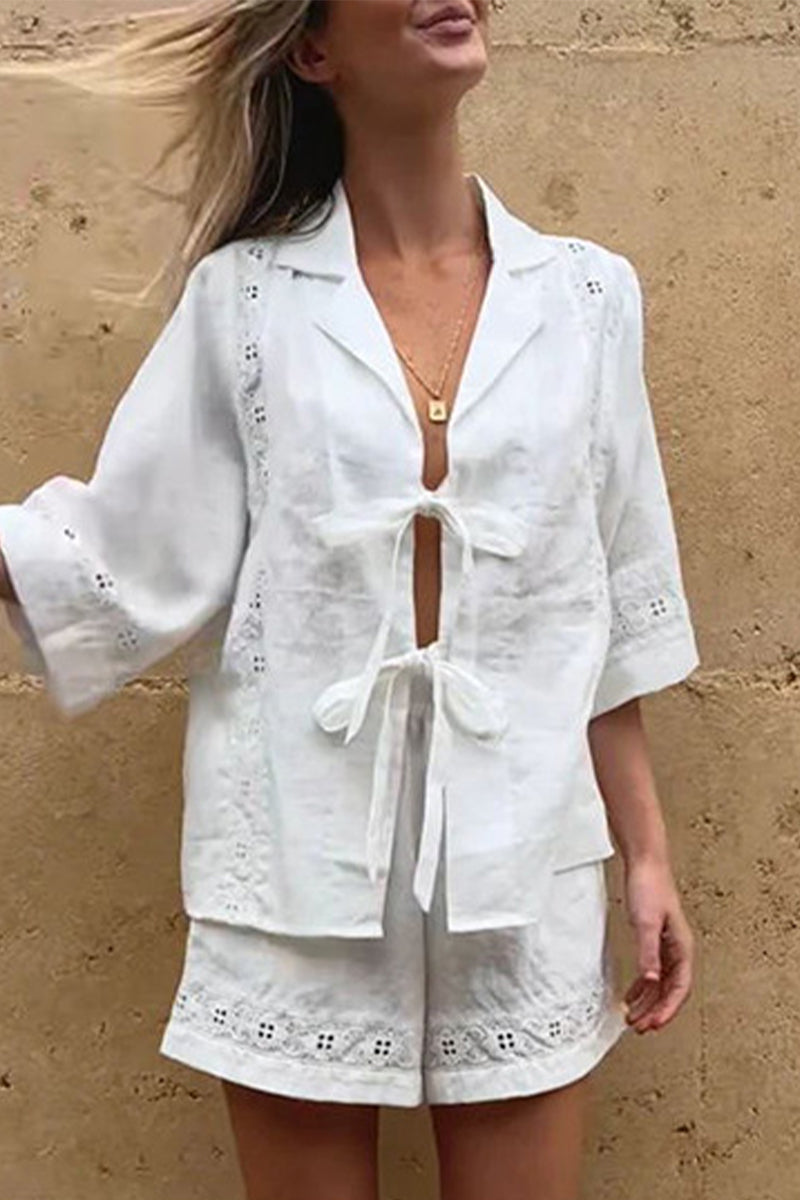 Pocket Frenulum With Bow V Neck Short Sleeve Two Pieces