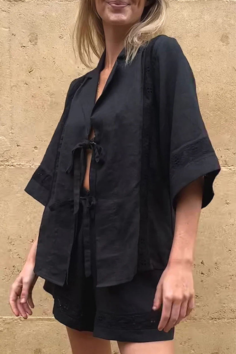 Pocket Frenulum With Bow V Neck Short Sleeve Two Pieces