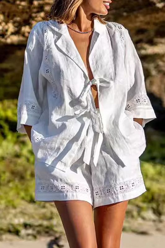 Pocket Frenulum With Bow V Neck Short Sleeve Two Pieces
