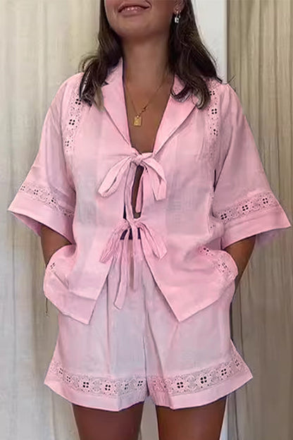 Pocket Frenulum With Bow V Neck Short Sleeve Two Pieces