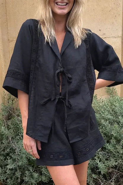 Pocket Frenulum With Bow V Neck Short Sleeve Two Pieces