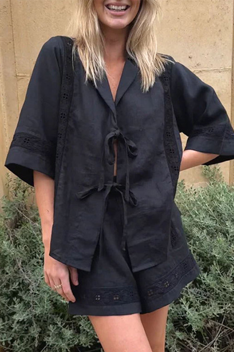 Pocket Frenulum With Bow V Neck Short Sleeve Two Pieces