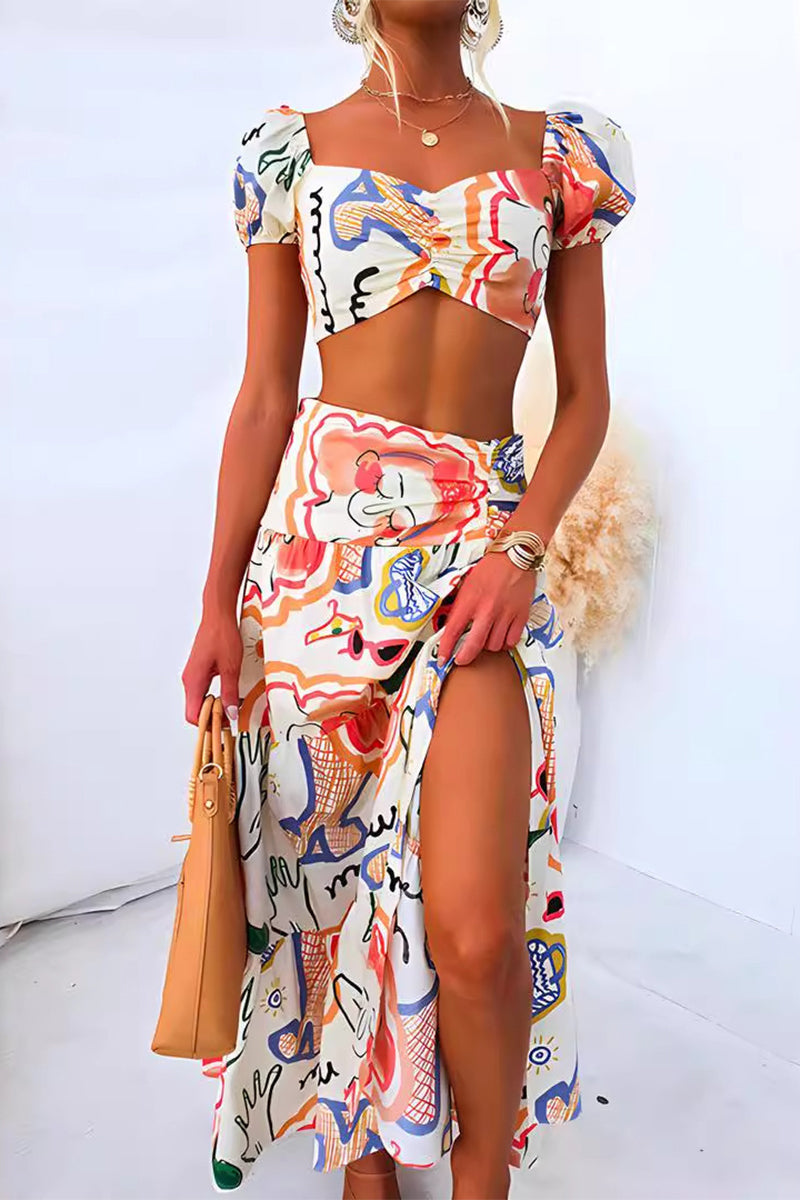 Geometric Print Slit Square Collar Short Sleeve Two Pieces