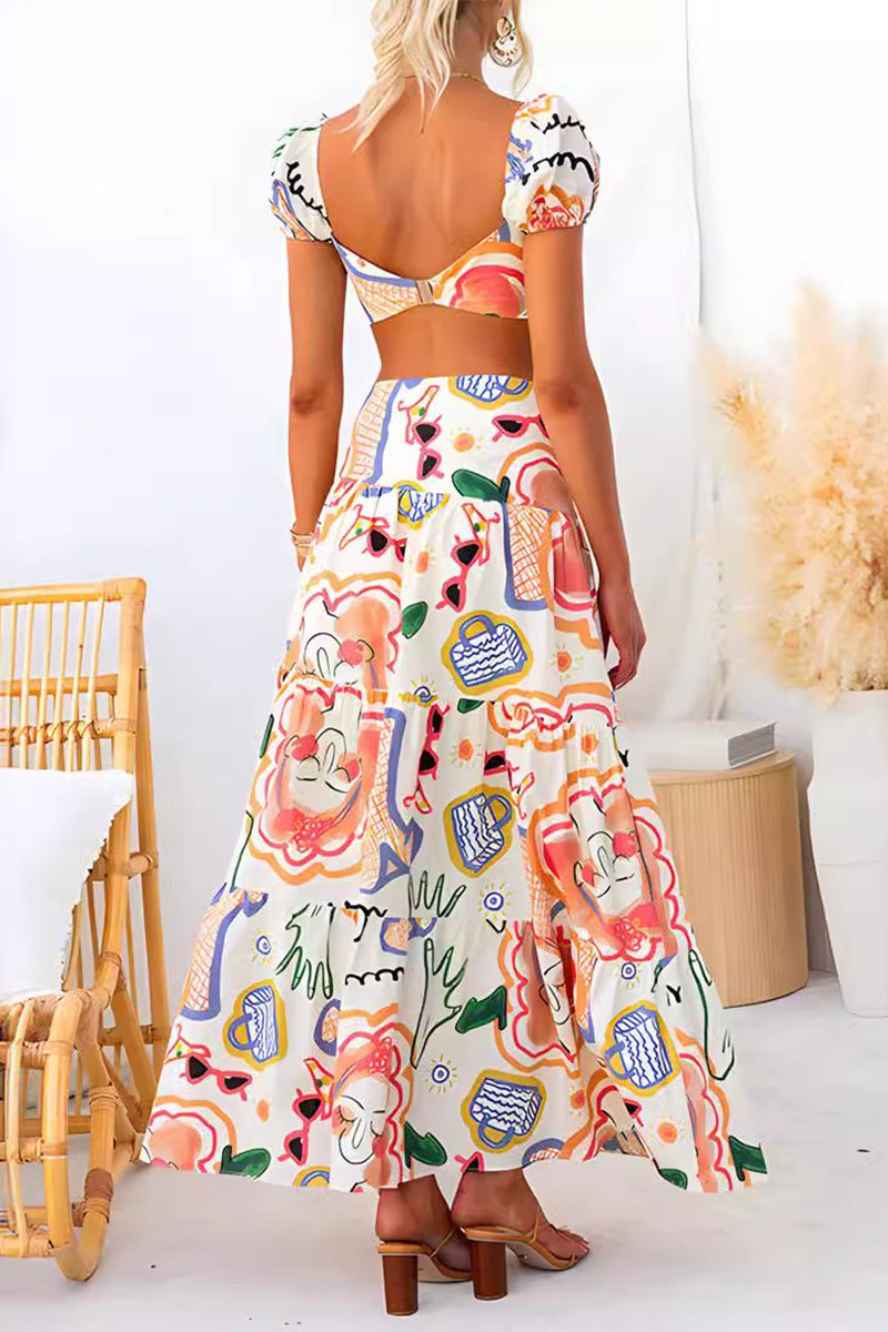 Geometric Print Slit Square Collar Short Sleeve Two Pieces