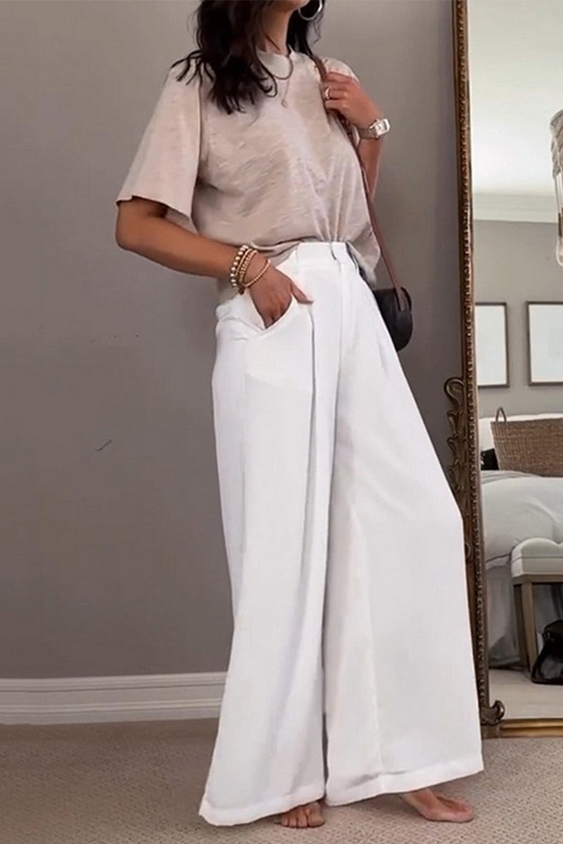 Pocket Fold O Neck Short Sleeve Two Pieces