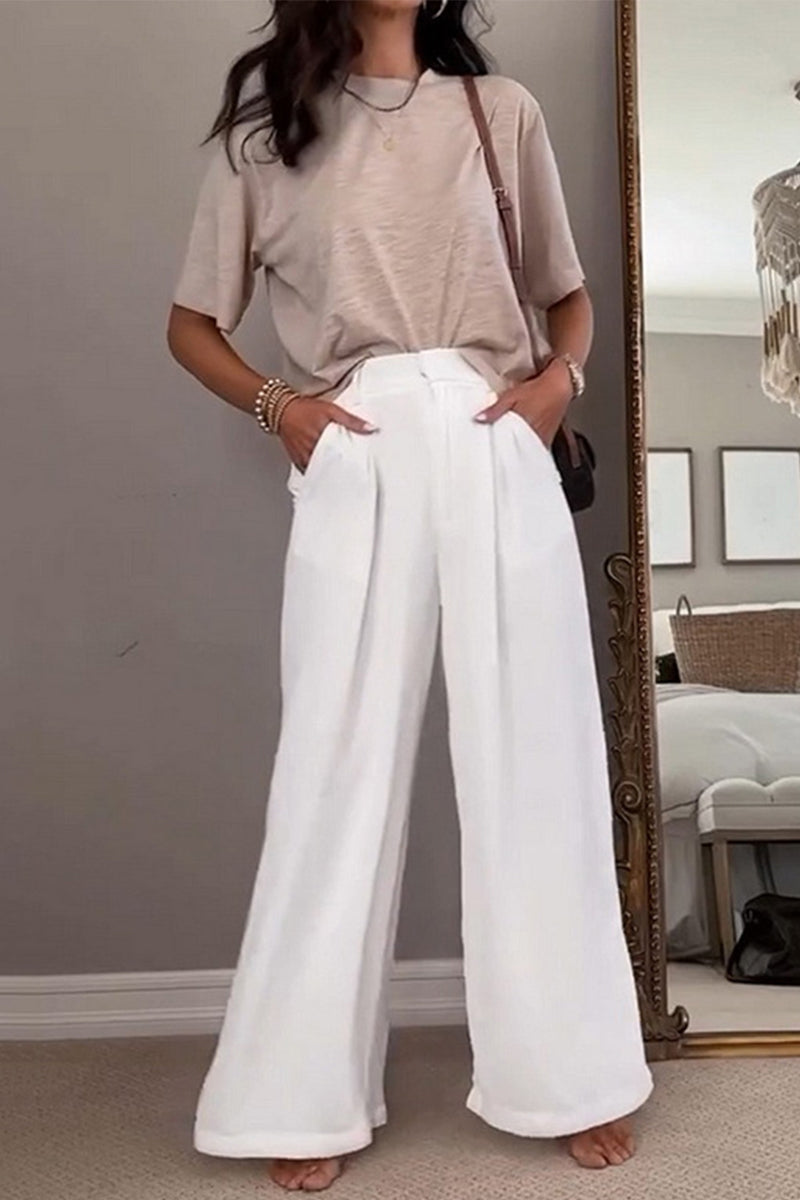 Pocket Fold O Neck Short Sleeve Two Pieces