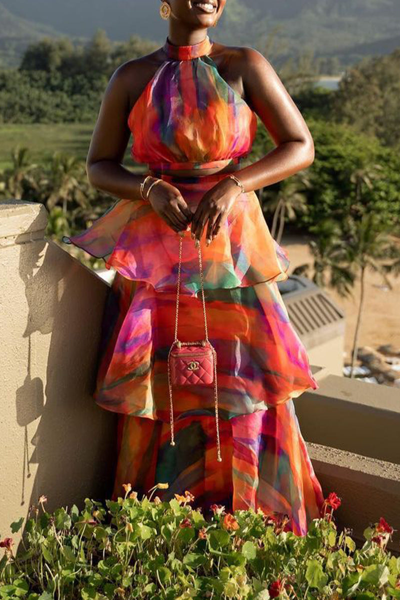 Gradual Change Print Flounce Contrast Halter Sleeveless Two Pieces