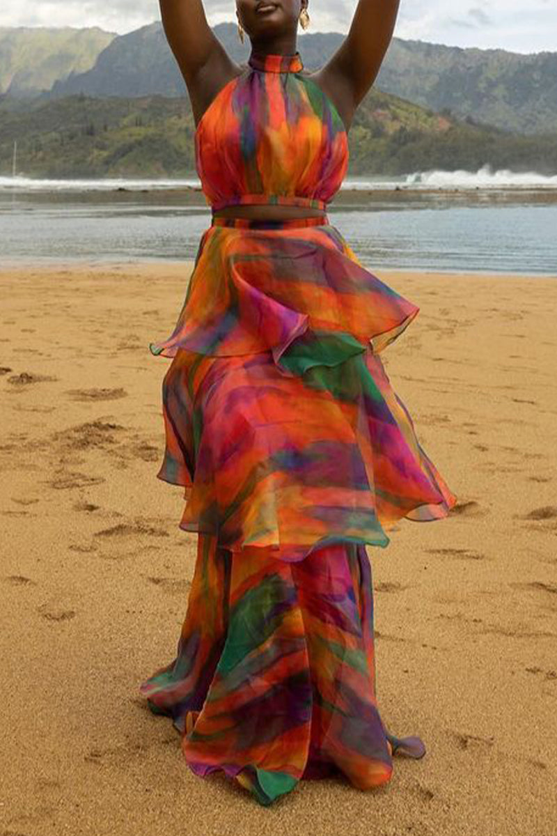 Gradual Change Print Flounce Contrast Halter Sleeveless Two Pieces