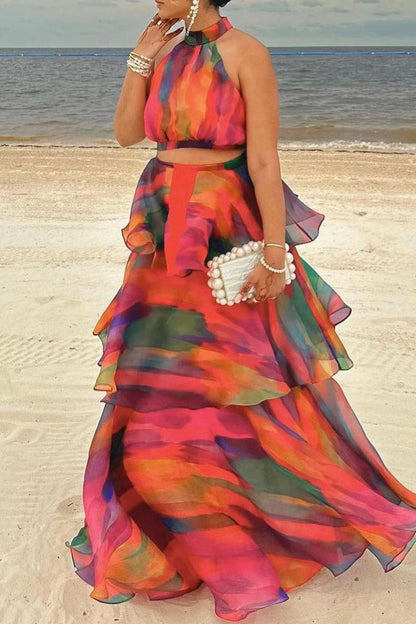 Gradual Change Print Flounce Contrast Halter Sleeveless Two Pieces