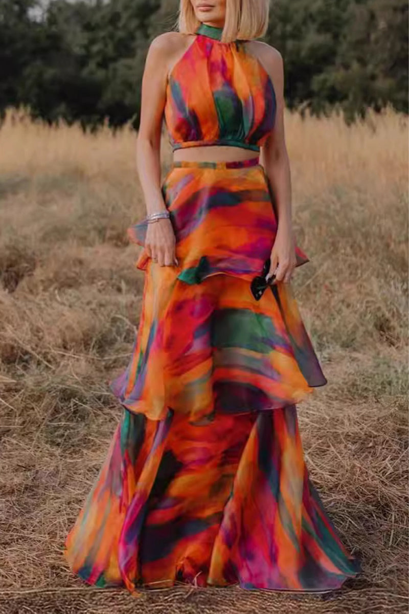 Gradual Change Print Flounce Contrast Halter Sleeveless Two Pieces