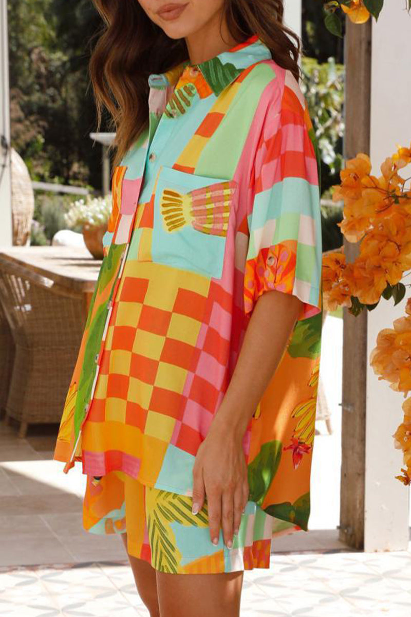 Vacation Geometric Print Pocket Contrast Turndown Collar Short Sleeve Two Pieces