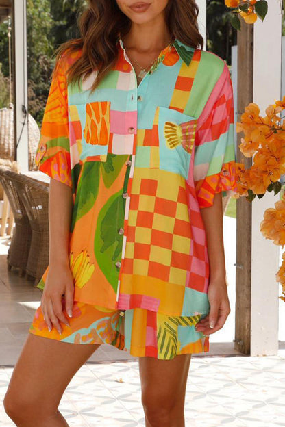 Vacation Geometric Print Pocket Contrast Turndown Collar Short Sleeve Two Pieces