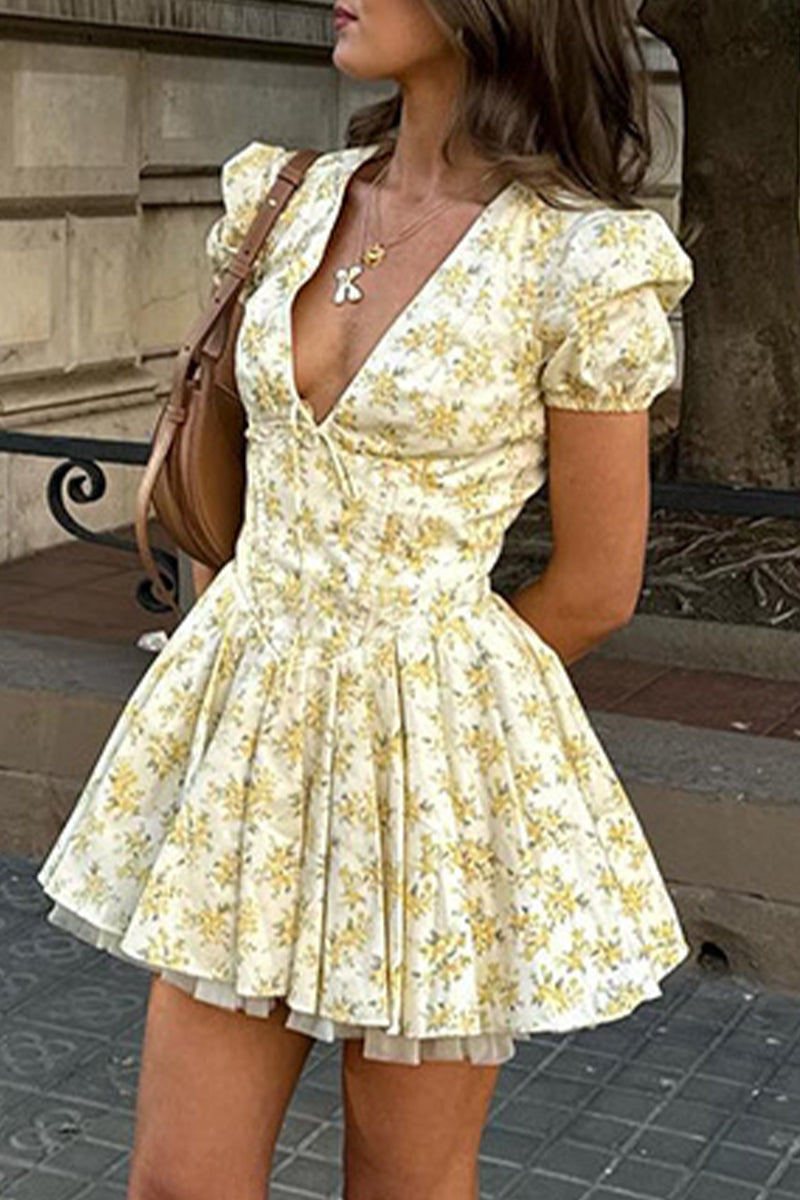 Print Flowers Frenulum Fold V Neck Waist Skirt Dresses