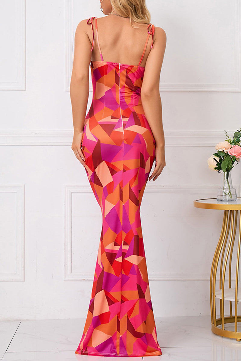 Print Flowers Frenulum Backless Square Collar One Step Skirt Dresses