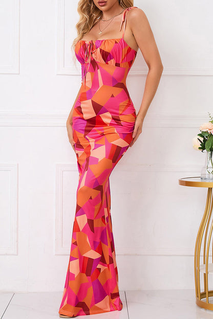 Print Flowers Frenulum Backless Square Collar One Step Skirt Dresses