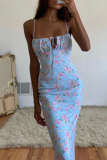 Print Flowers Frenulum Backless Square Collar One Step Skirt Dresses