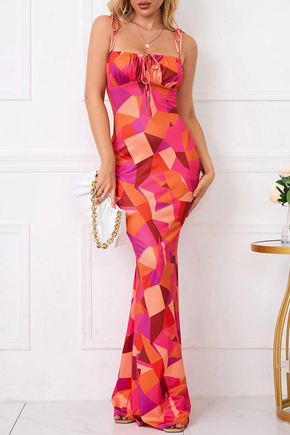 Print Flowers Frenulum Backless Square Collar One Step Skirt Dresses