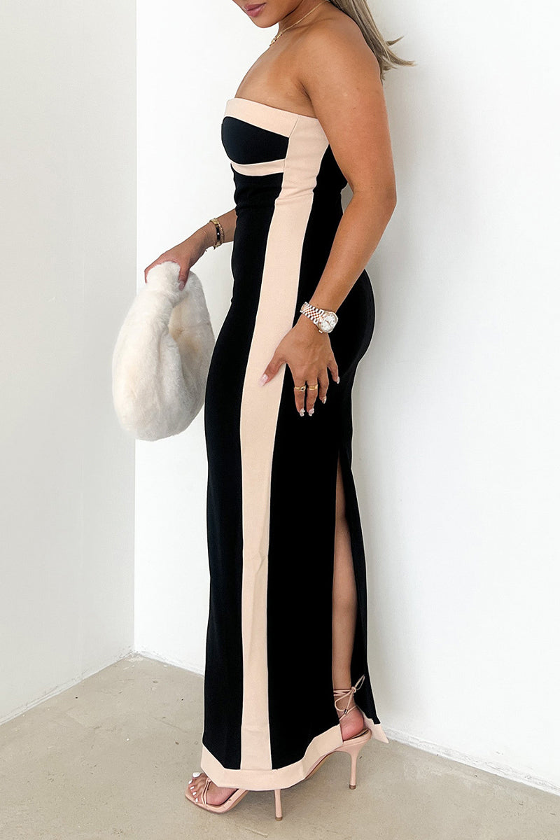 Striped Slit Contrast Strapless Pencil Skirt Dresses