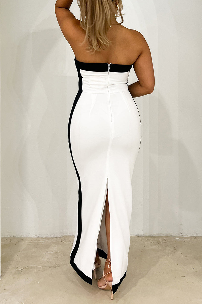Striped Slit Contrast Strapless Pencil Skirt Dresses