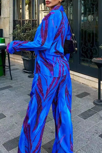 Striped Print Make Old Contrast Turndown Collar Long Sleeve Two Pieces