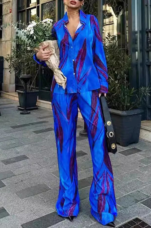 Striped Print Make Old Contrast Turndown Collar Long Sleeve Two Pieces