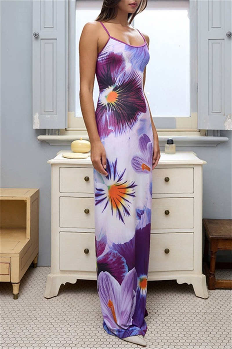 Print Backless Spaghetti Strap Long Dresses