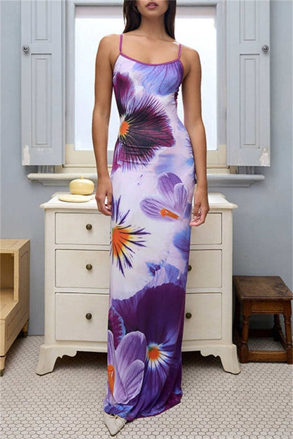 Print Backless Spaghetti Strap Long Dresses