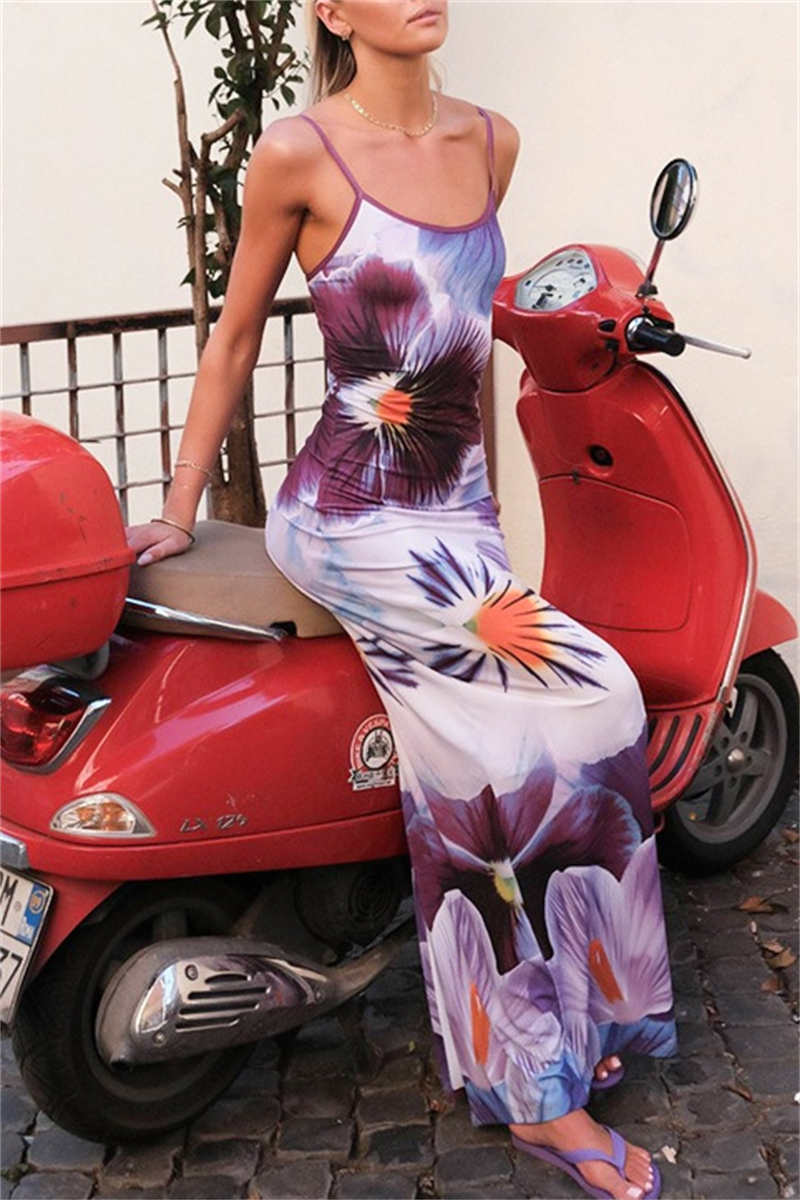 Print Backless Spaghetti Strap Long Dresses