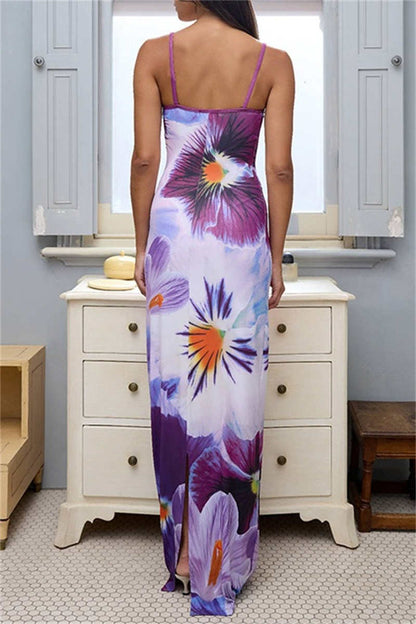 Print Backless Spaghetti Strap Long Dresses