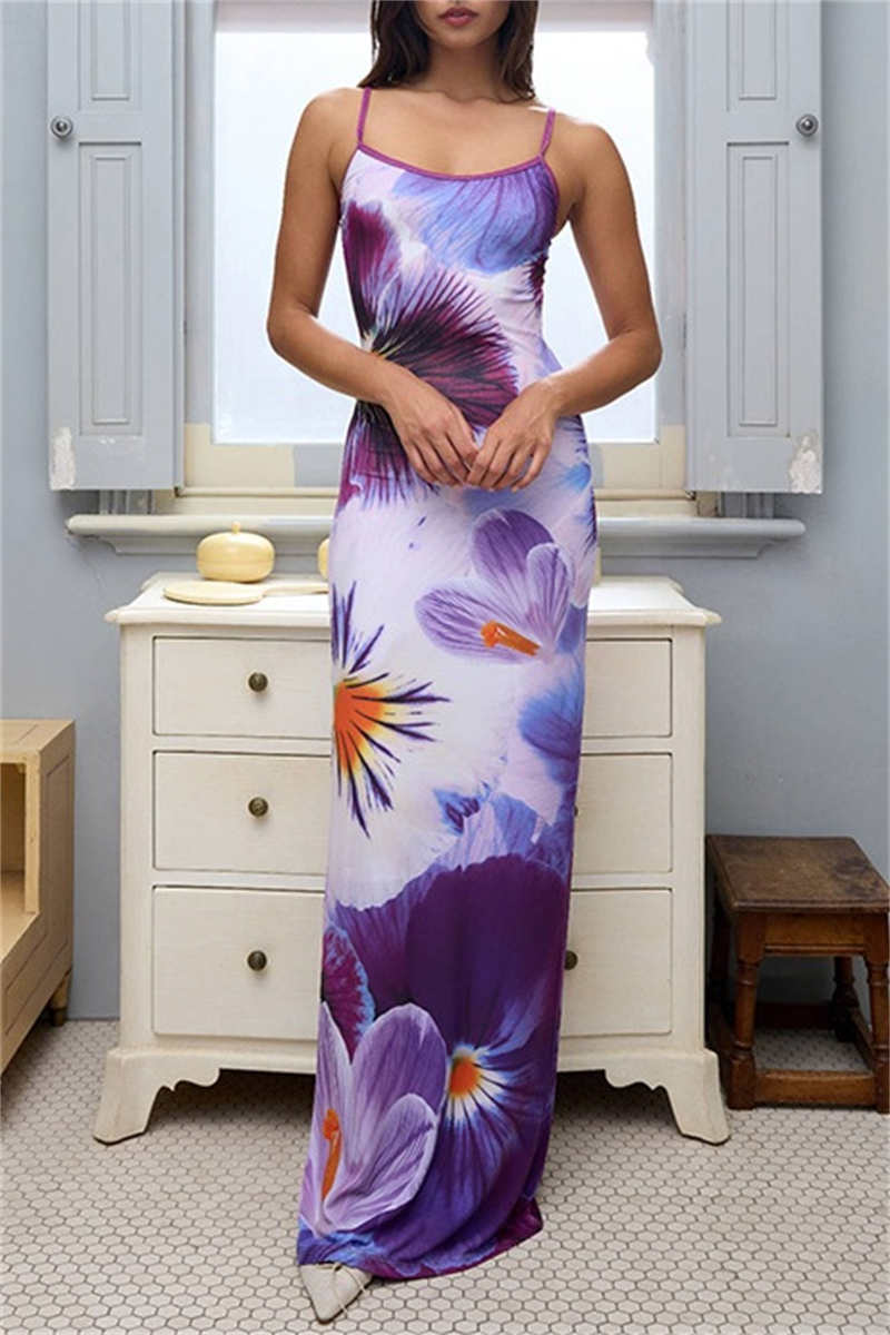 Print Backless Spaghetti Strap Long Dresses