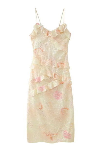 Celebrities Gradual Change Print Flounce V Neck One Step Skirt Dresses
