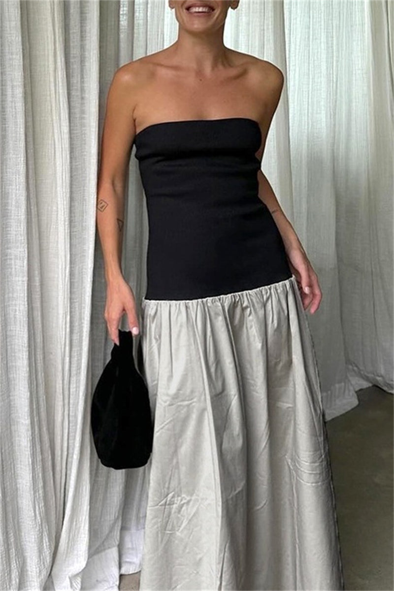 Patchwork Backless Contrast Strapless Long Dresses