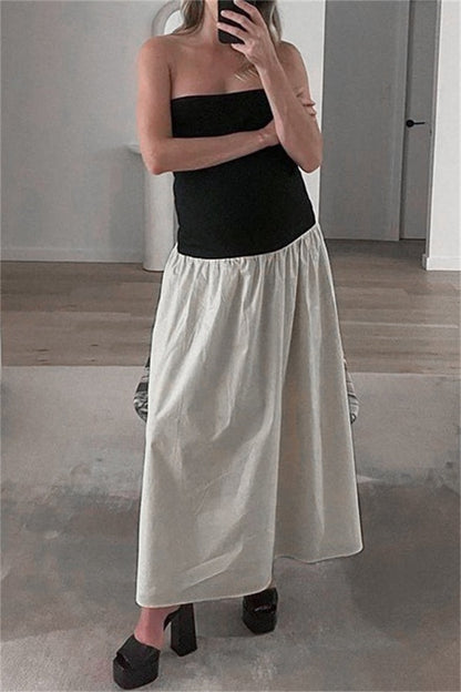 Patchwork Backless Contrast Strapless Long Dresses