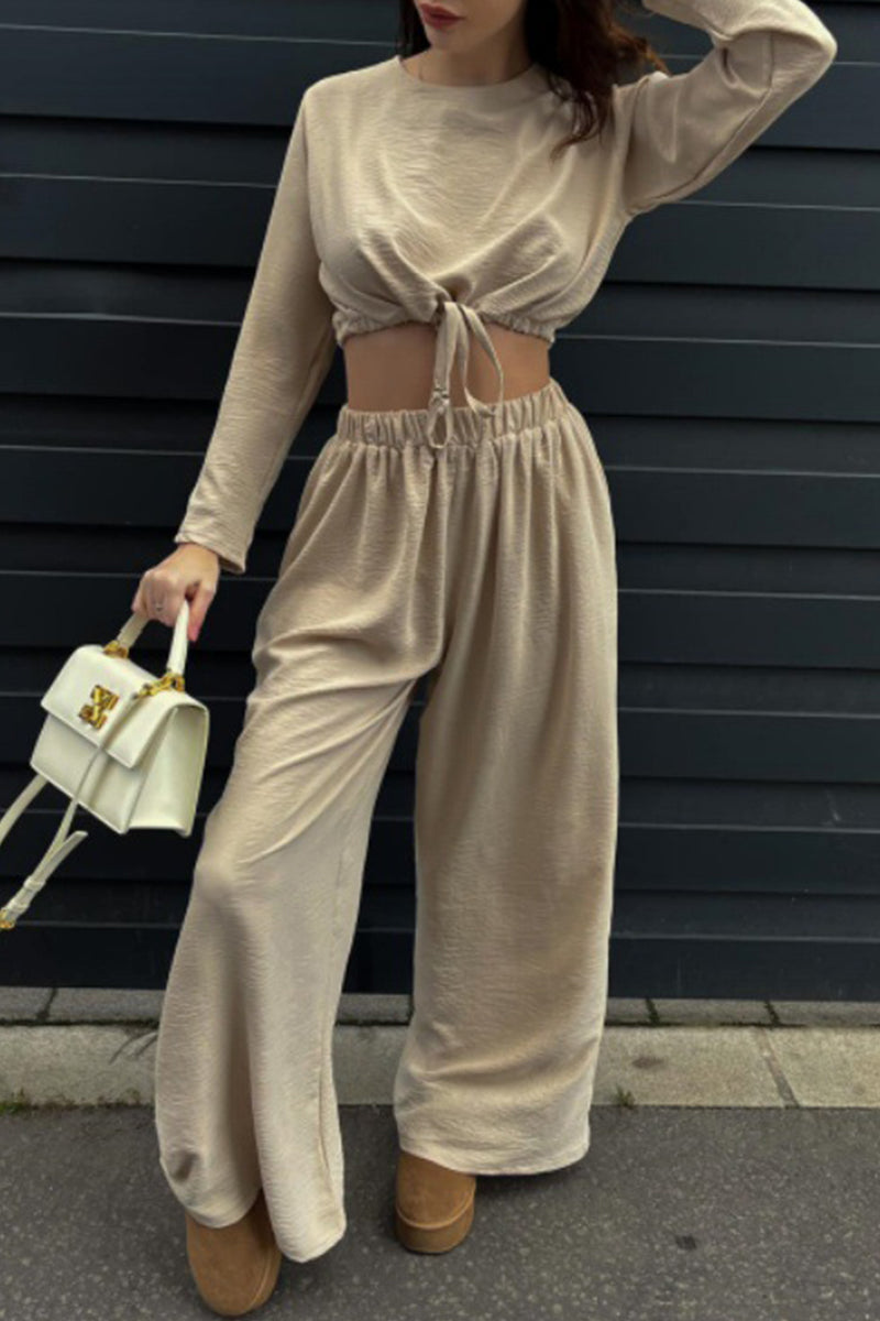 Simplicity Draw String Fold O Neck Long Sleeve Two Pieces