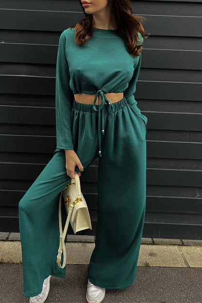 Simplicity Draw String Fold O Neck Long Sleeve Two Pieces